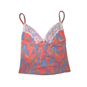Omighty Flame Print Lace Trim Cami Tank Top Orange Blue Small y2k